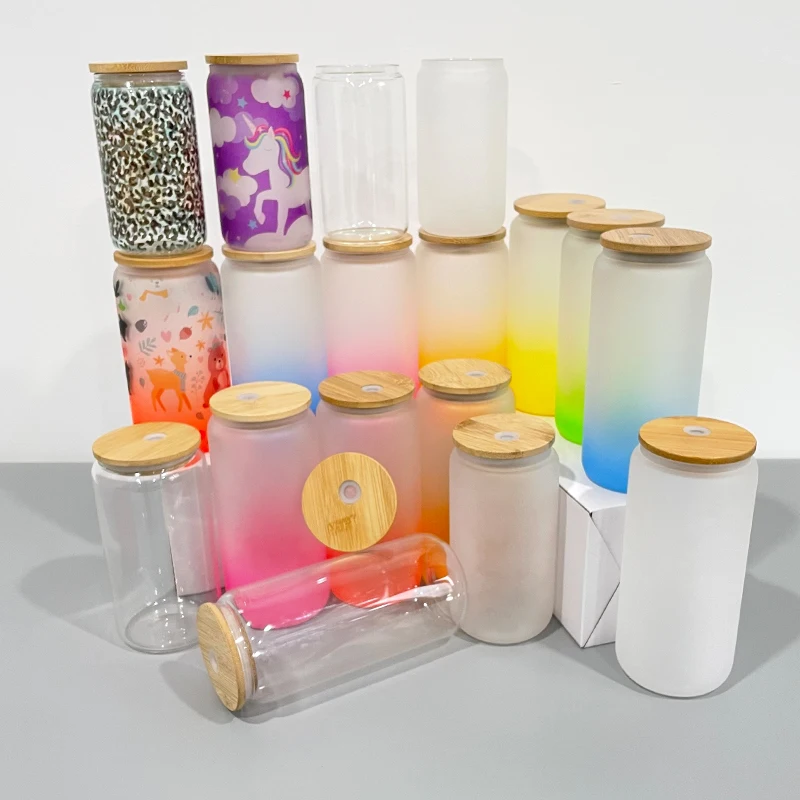 Sublimation Iridescent Glass Cans| Beer Cans with Bamboo Lid 16 oz