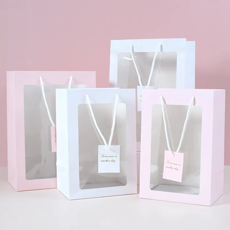 Gift Wrapping Paper Bag With Transparent Window Flowers Packaging Bag With  Hand Rope Valentine's Day Wedding Party Decoration