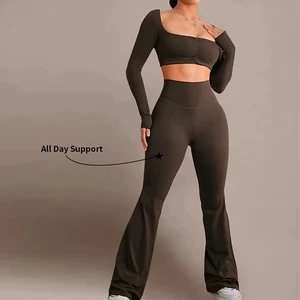 High End Custom Logo 2 Piece Set Women Nude Feeling Tummy Control Moisture Wicking Yoga Set