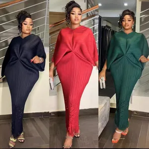 Solid Color Loose Hollow Bat Sleeve Fishtail Fringe Design Plus-size Pleated Dress