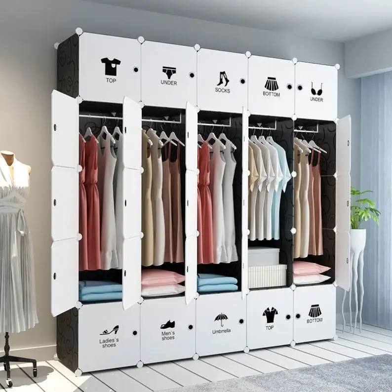 Foldable Simple Assemble Clothes Wardrobe Black Wardrobe Cabinet With 4 Clothes 20 Cube Plastic Wardrobe
