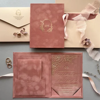 Top Rated Roses Pink Luxury Velvet Wedding Suite Hardcover Folio Inspired Wedding Gold Foiling Acrylic Invitation Card