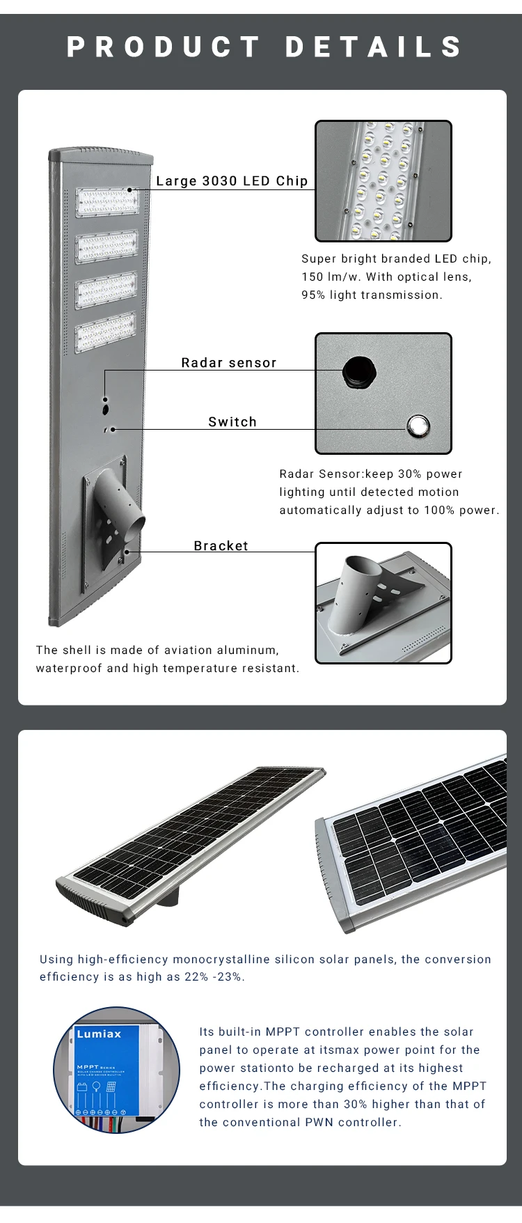 160LM/W Solar Powered LED Street Light MPPT Controller LiFePO4 Battery