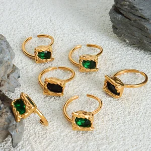 MW Women's 18K Gold High-Grade Creative Waterproof Square Open Ring Cubic Zircon Black Green Trendy Stainless Steel Jewelry