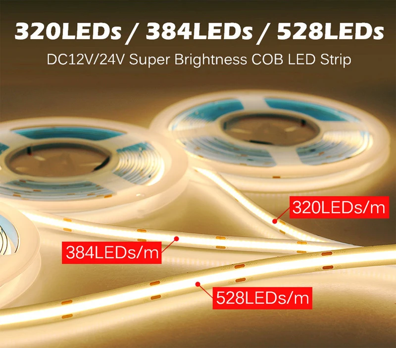 1~5m COB LED Strip Light Tape 384LEDs/m High Density Flexible Lights  DC12V 24V 