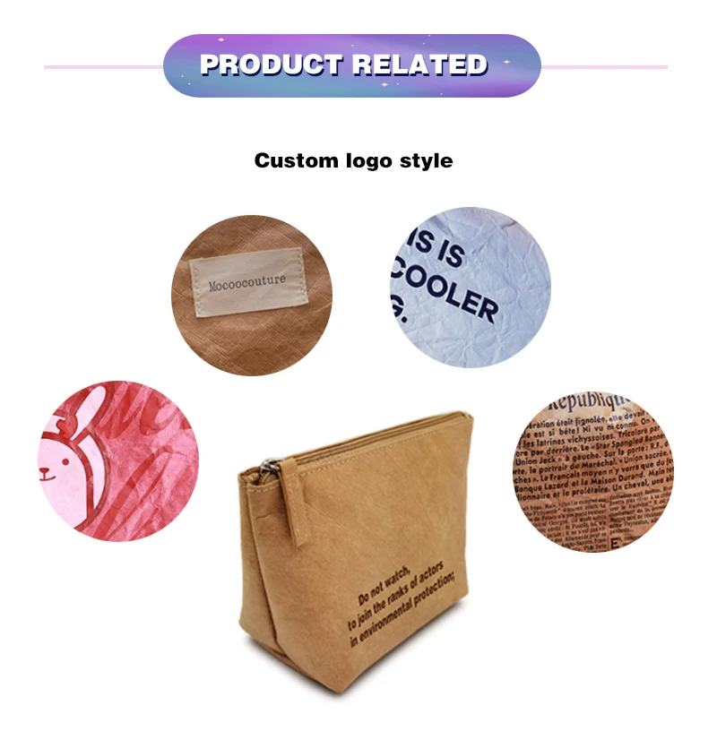Wholesale Custom Travel Artist Private Label Brown Small Washable Tyvek DuPont Kraft Paper Cosmetic Bag