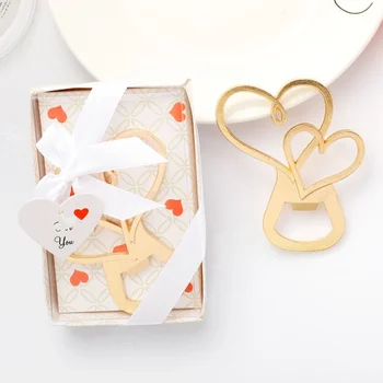Bridal Shower Party Gifts Sweet Love Design Gold Double Heart Shape Bottle Openers for Wedding Favors to Guests