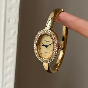 New Vintage Bathtub Diamond Watch Women Luxury Rose Gold Diamond Ring Design Oval Bracelet Watch for Ladies Wrist Watch