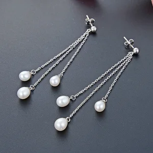 925 Sterling Silver Tassel Earrings | Natural Freshwater Pearls on Dangling Strands | Hypoallergenic Pearl Studs for Women