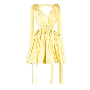 Custom Color Yellow Tie Belt v neck dress back hollow out women mini dress bow details gathered skirt party dress