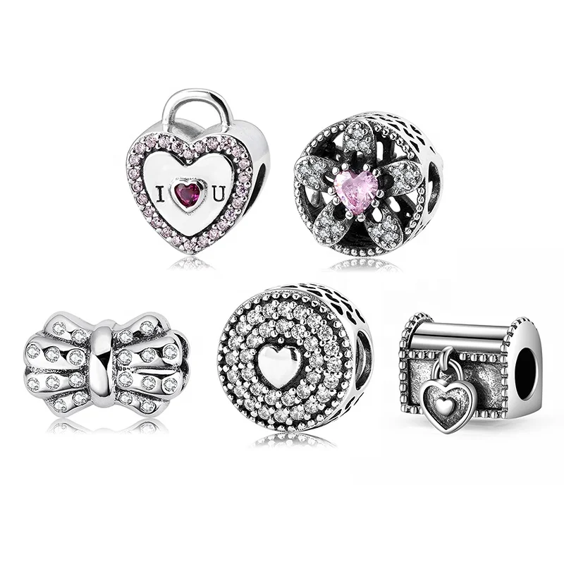 אמיתי 925 Sterling Silver Beautiful CZ Heart Pink bow Gift box Charms Bracelet Jewelry making Valentine’s Day Gift Dropshipping