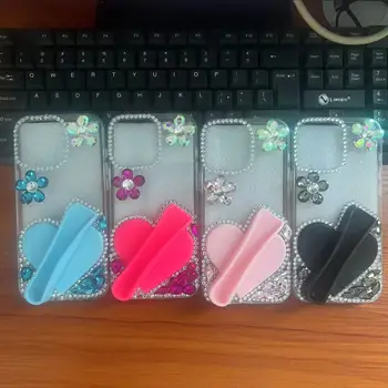 Silicone Heart-shaped Universal Lip Gloss Holder Suitable for Apple iPhone 15 ProMax/16 Sparkling Diamond Phone case