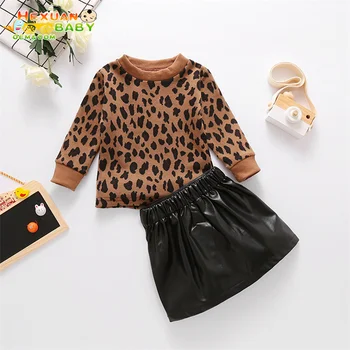 2 Piesce Set Cute Baby Girl Clothes 2021 Spring Fall Toddler Kids Long Sleeve Lace Tops Leopard Skirt Children Girls Clothing Se