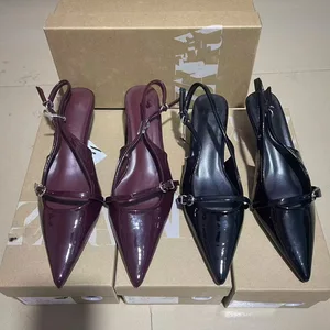 QuiteS 2026 New Women's Pu Leather Shoes for Business Ladies Za French Pointy High Heels Wine Red Strap High Heel Sandals