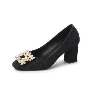 Elegant Black Textured Fabric Square Toe 7CM Block Heel Heeled Sandals with Pearl & Rhinestone Floral Buckle for Women
