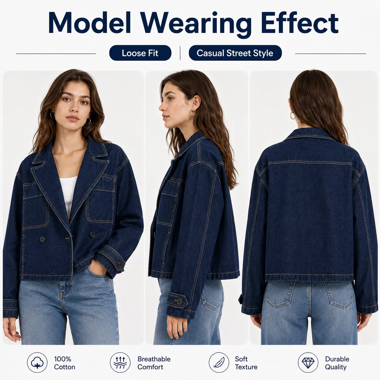 Oversized Denim Blazer Jacket Premium Dark Wash Classic Casual Denim Jacket