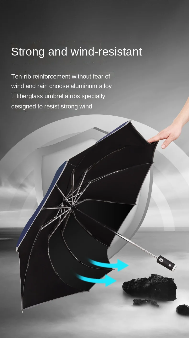 Outdoor 23inch 10 ribs windproof auto open button led flashlight 3 folding light umbrella black with printing  logo
