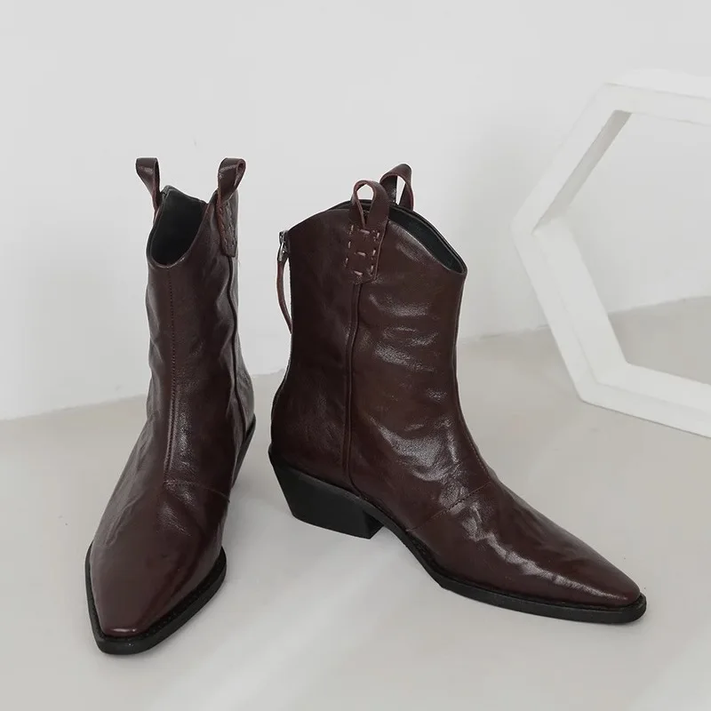 2024 New Style Leather Cowboy Western Boot Pointed Toe Thick Heel Chealsea Ankle Boots For Women - Image 1