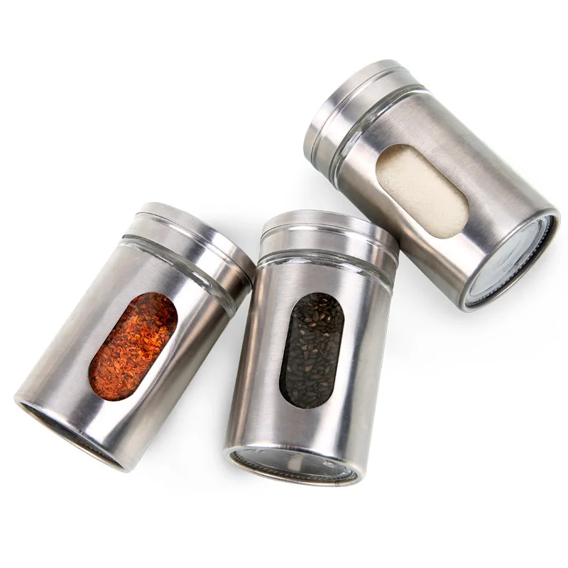 Stainless Steel Seasoning Condiment Jar Spice Glass Seal Pepper Shaker Bottle 