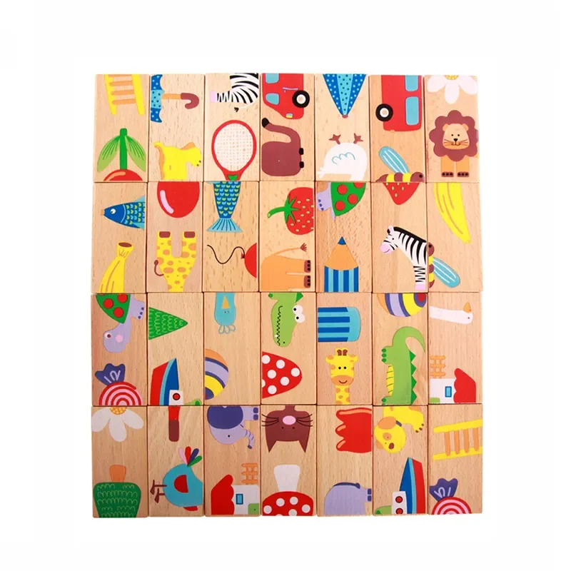 Customs Wooden Cartoon Animal Printed Set 28Pcs Blocks Domino Kids Children Baby Toys for Education Brain Intelligence