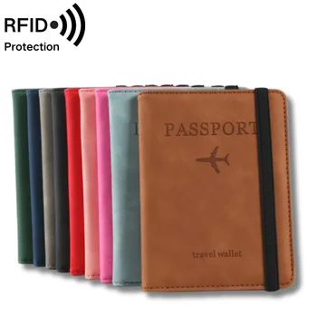 RFID Blocking Passport Cover for Women Men Traveling Document PU Leather Passport Holder with Elastic Band