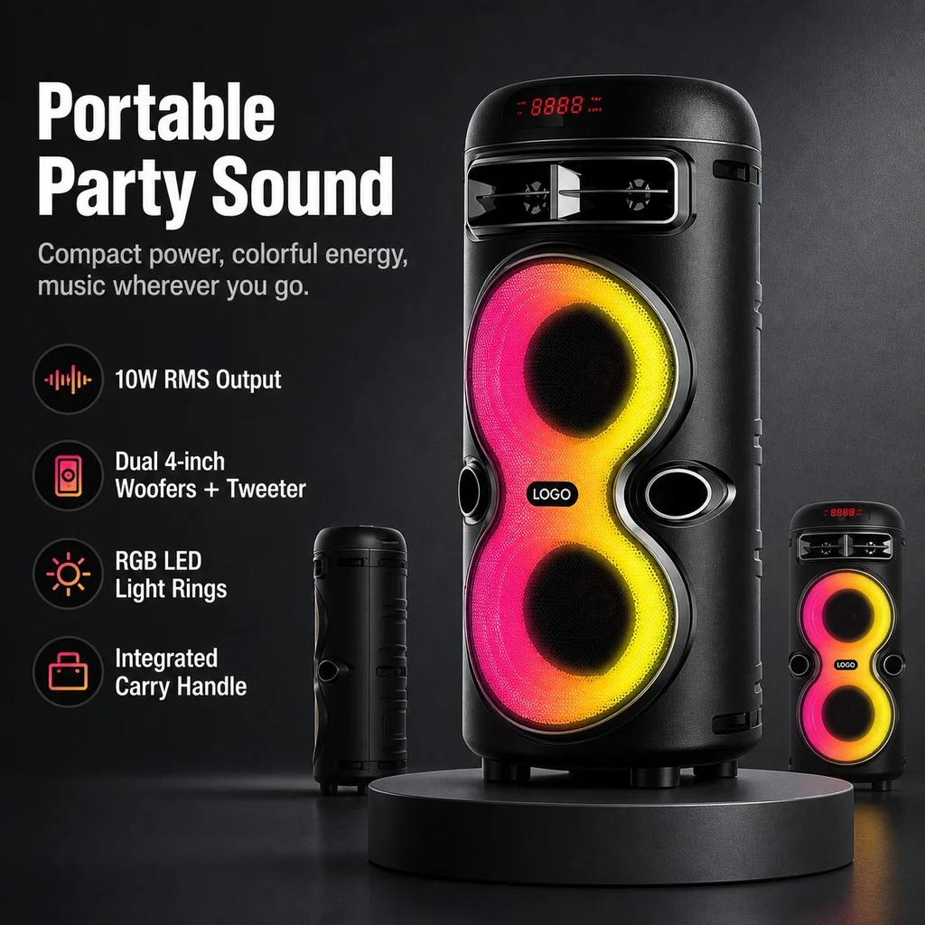HANSUO HS-TD04B2 Dual 4 Inch Portable Party Speaker with 1800mAh Battery RGB Lights USB FM Recording and Remote Control