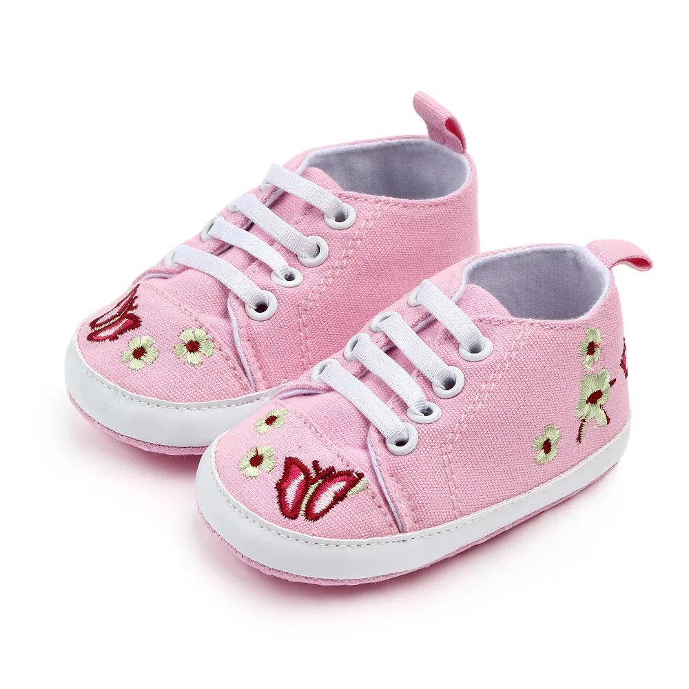 Infants Solid Color Embroidered butterfly Elastic Soft Soled Baby Canvas Walking Shoes factory