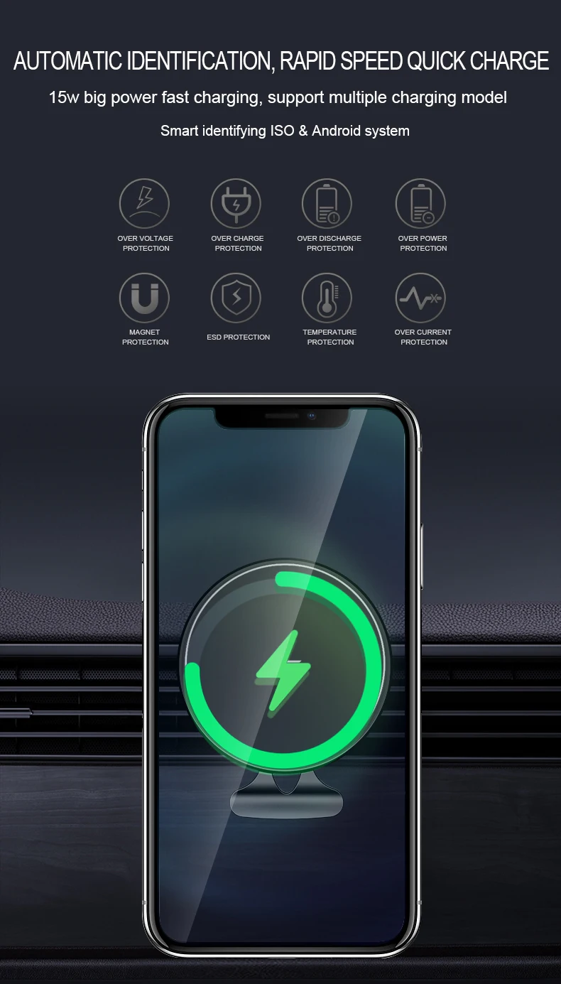 2021 New Arrivals 360 Degree Rotation Quick Charge Overvoltage Protection Wireless Car Charger Magnetic Suction