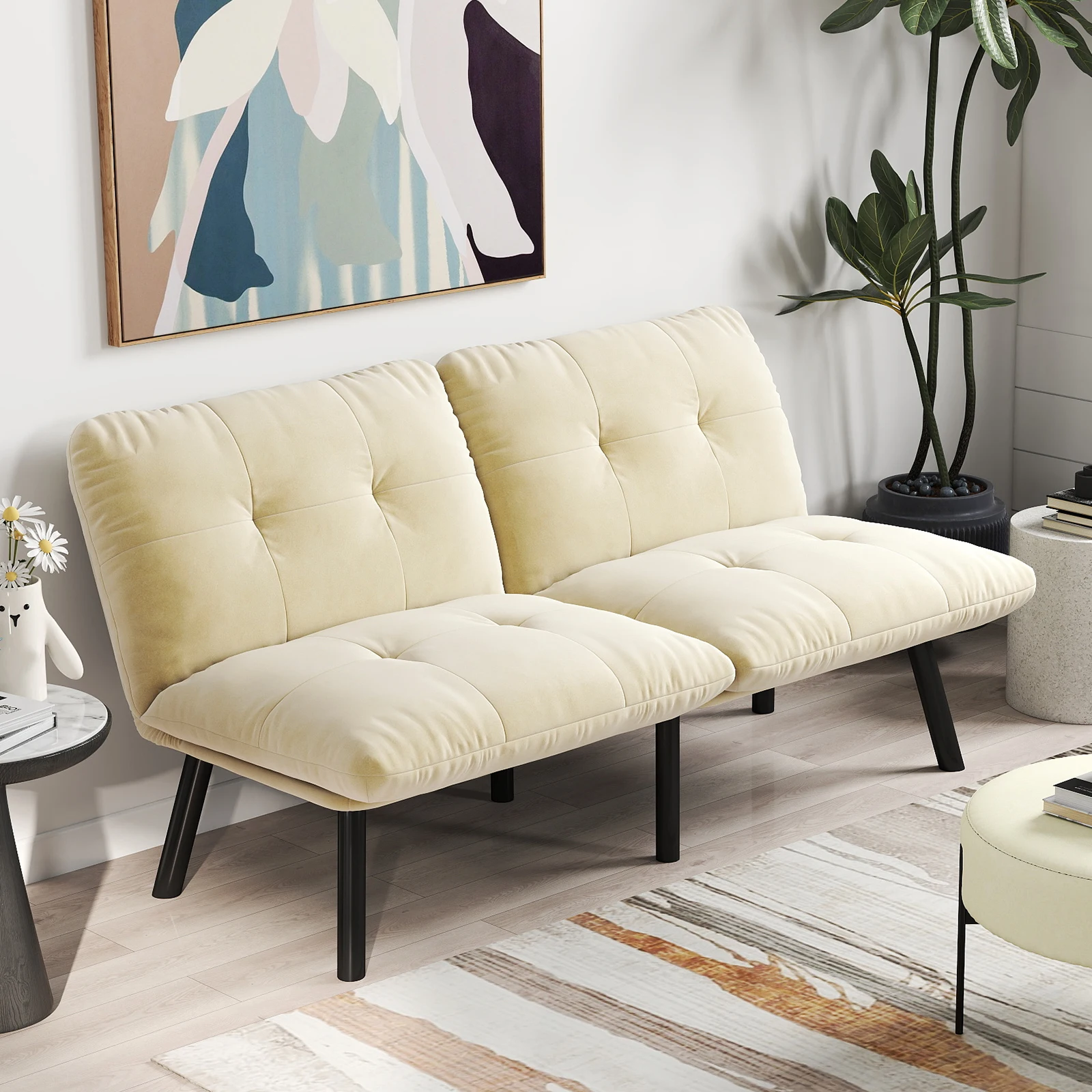 Canapé convertible polyvalent avec cadre métallique et revêtement en velours