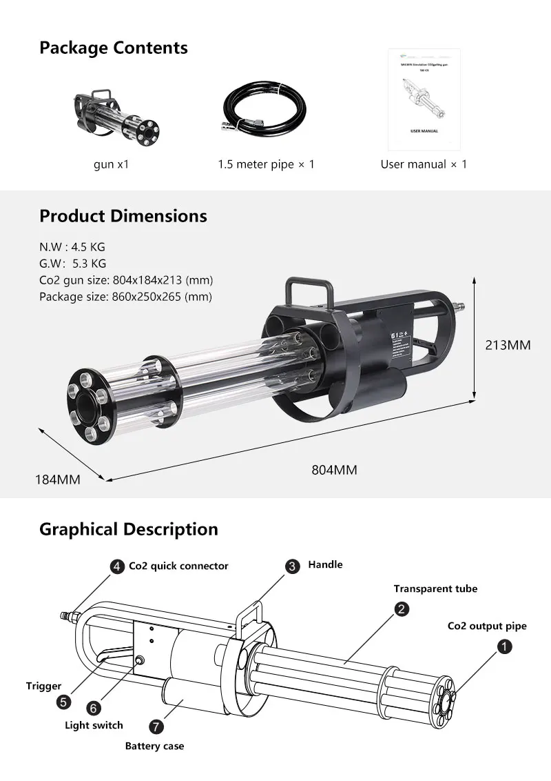 Sailwin LED CO2 Gun RGB Jet Cannon Gun Six dots Cryo Machine Special Effect Jet Gatling Gun fog machine For DJ Disco party