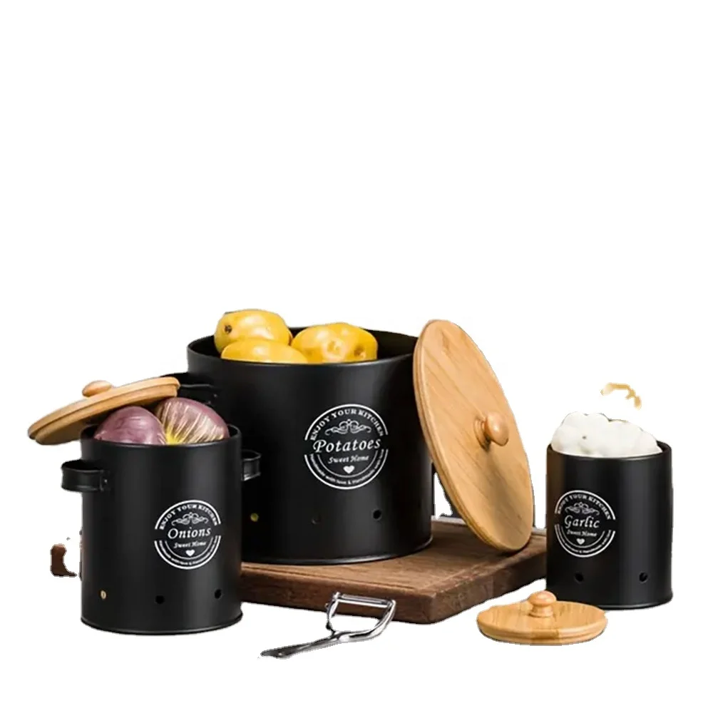 Stackable Steel Vegetable Storage Bins Metal Canisters Set Garlic Potato Onion Vegetable Keeper Storage Box Jars Set