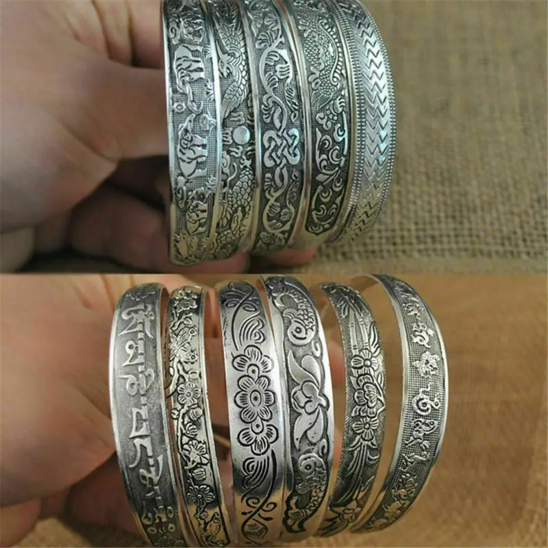 Stunning Authentic Ancient Tibetan Old Silver Plated outlets 2 Dragon Carved Beautiful Engravings With Gemstone Inserts Lovely Big Bangle Bracelet