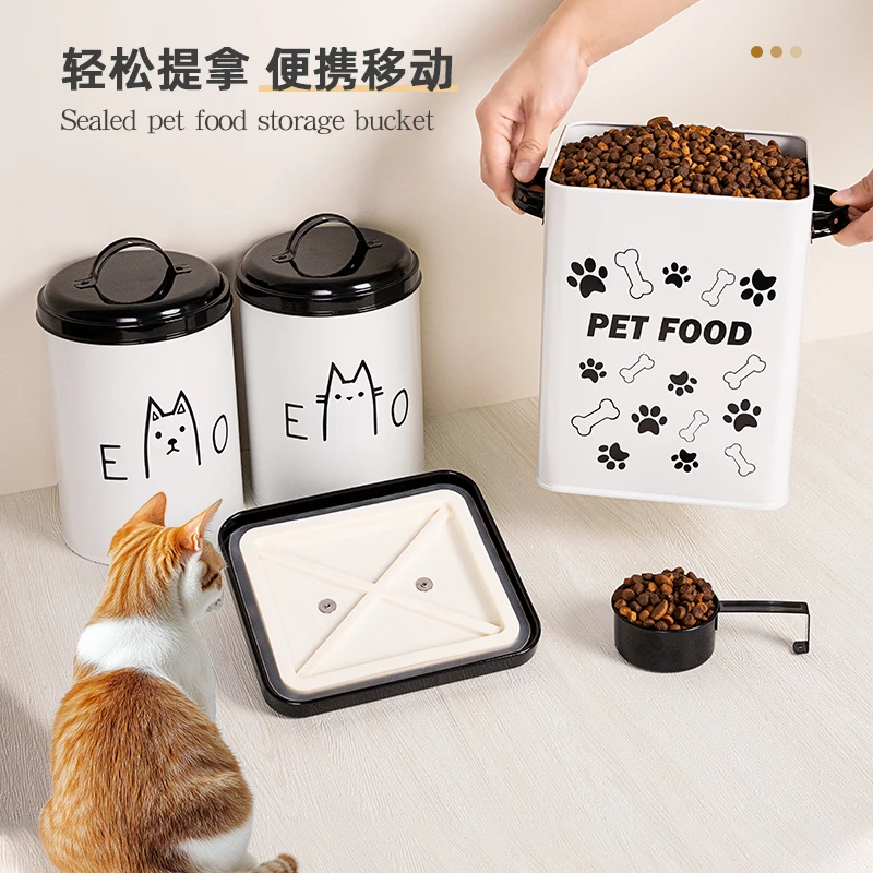 Metal Square Cans with Lid Sealing Black and White Paw Pet Food Storage Bucket with Scoop