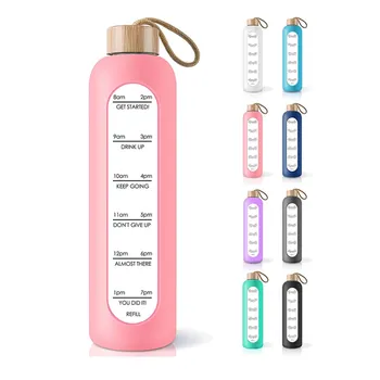 eco friendly motivational kid crystal bamboo lid glass water bottle bottles with Time Marker