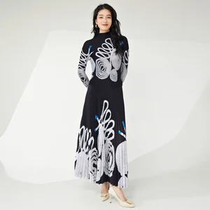 High Quality Women's Casual Stretch Polyester Set Elegant Two-Piece Pleated Top A-Line Skirt Floral Print Ankle Length Spring