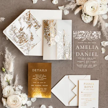 Rustic Gold Flower Design Invitations Translucent Vellum Wrap Wedding Invitation Acrylic Card with Stamp Wax Seal