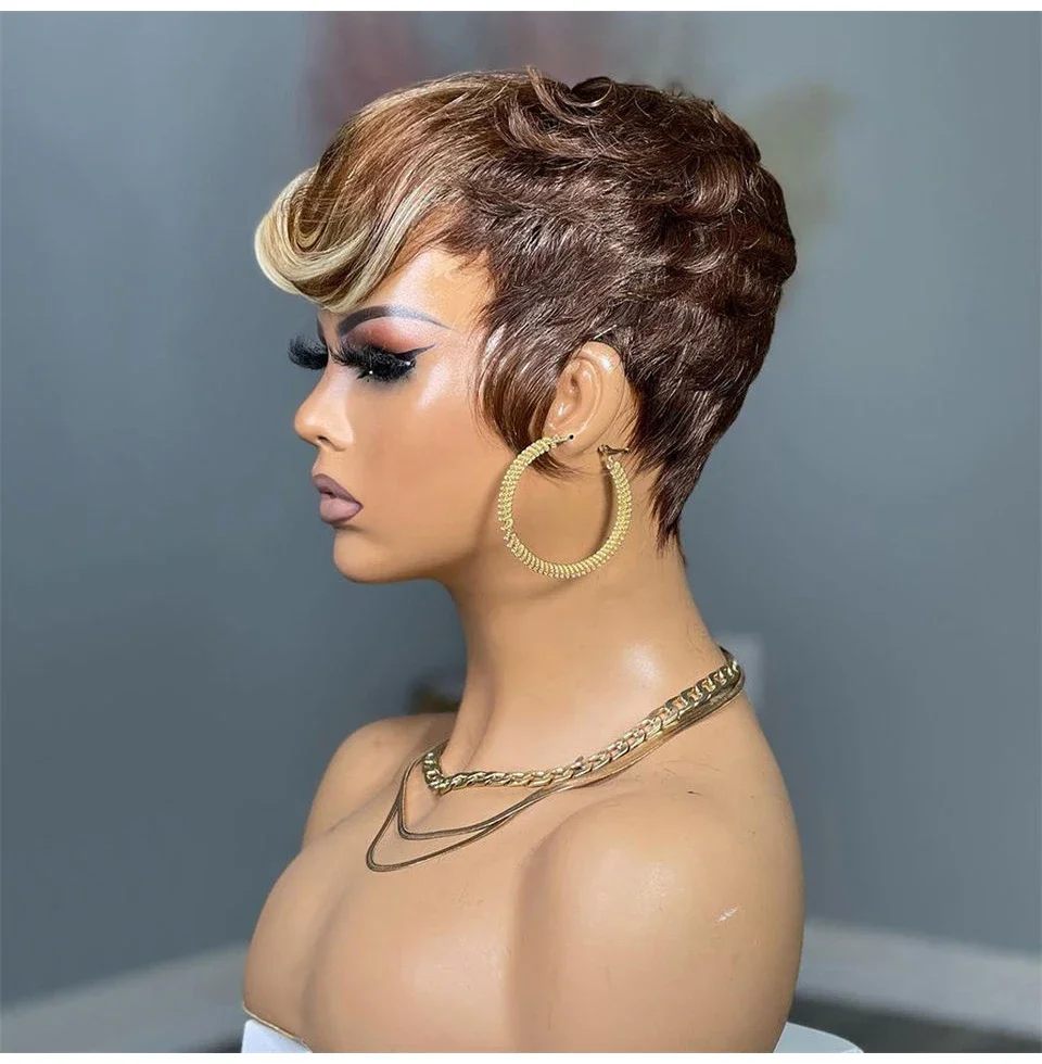 Human Hair Pixie Cut Wig With Highlights Blonde Green Bob Style_voghion.com