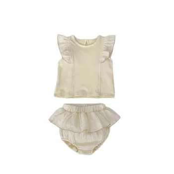 2025 Summer New Style Flying Sleeve Top Pants Two-Piece Set Casual Fashionable Pure Cotton Baby Girl Suit with Solid Pattern