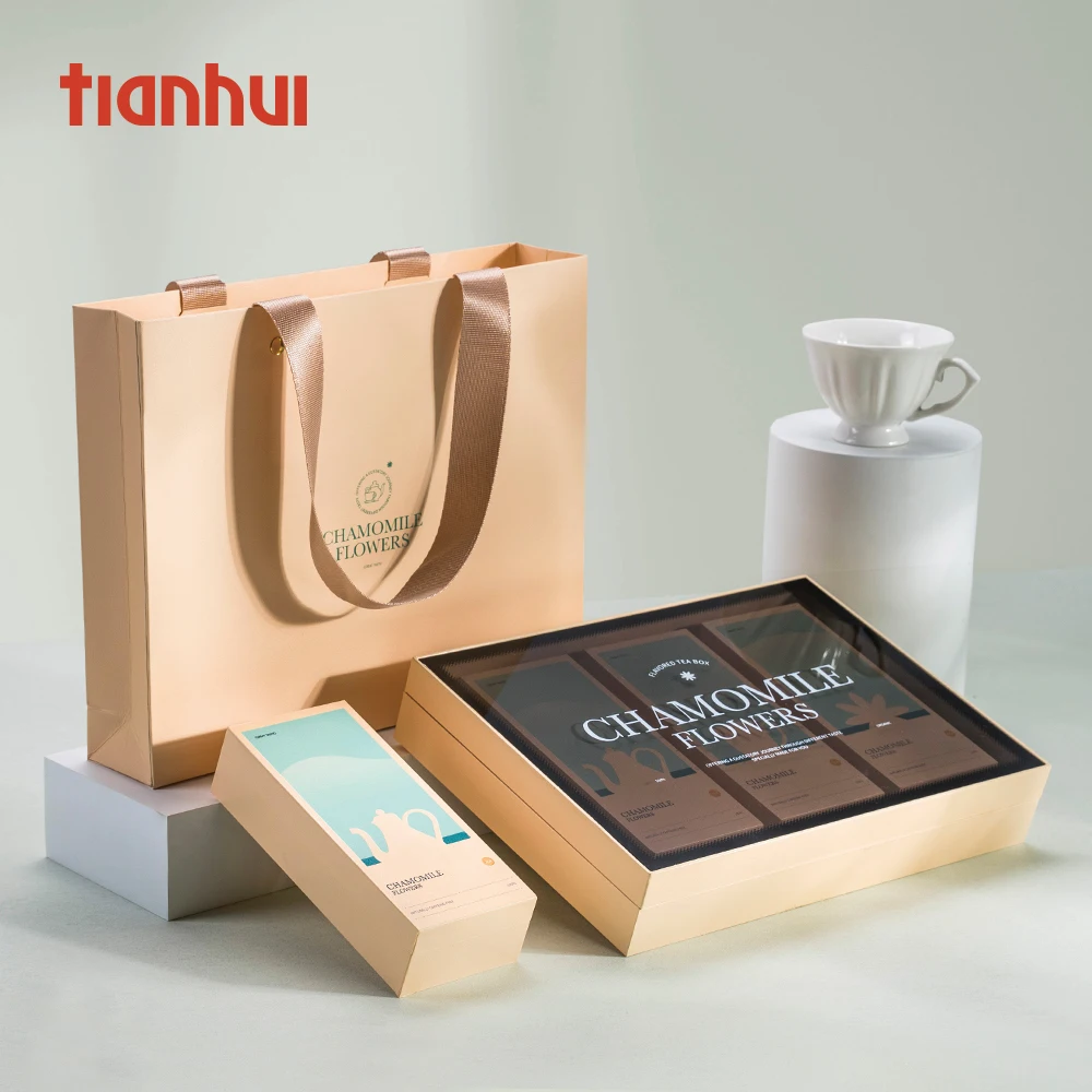 Coffret cadeau Tianhui Coffret cadeau personnalisé de luxe à thé à la camomille Coffret cadeau Emballage Boîte en papier imitation cuir à couvercle rabattable