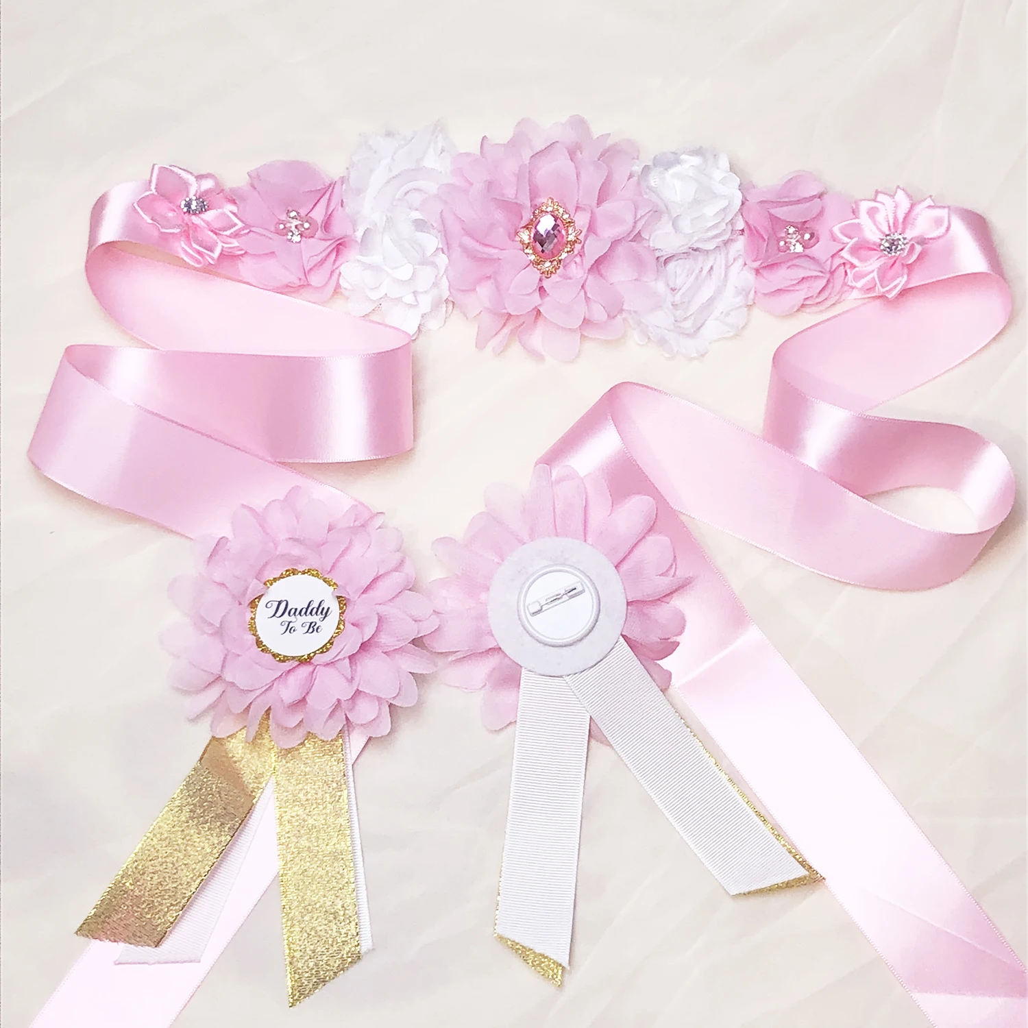 Sage pink Maternity Sash and Corsage Set Mom Daddy to Be Baby