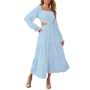 Custom High Quality Summer Causal  Color Ladies Dresses Women Long Sleeve Dresses Women Crossover Waist Ruffle Tiered  Dress