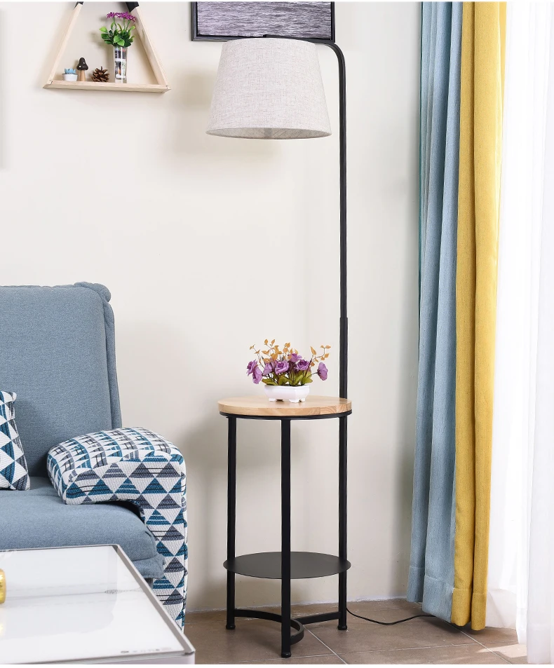 luxury metal base fabrics shade Bookshelf morden style living room floor lamp with table