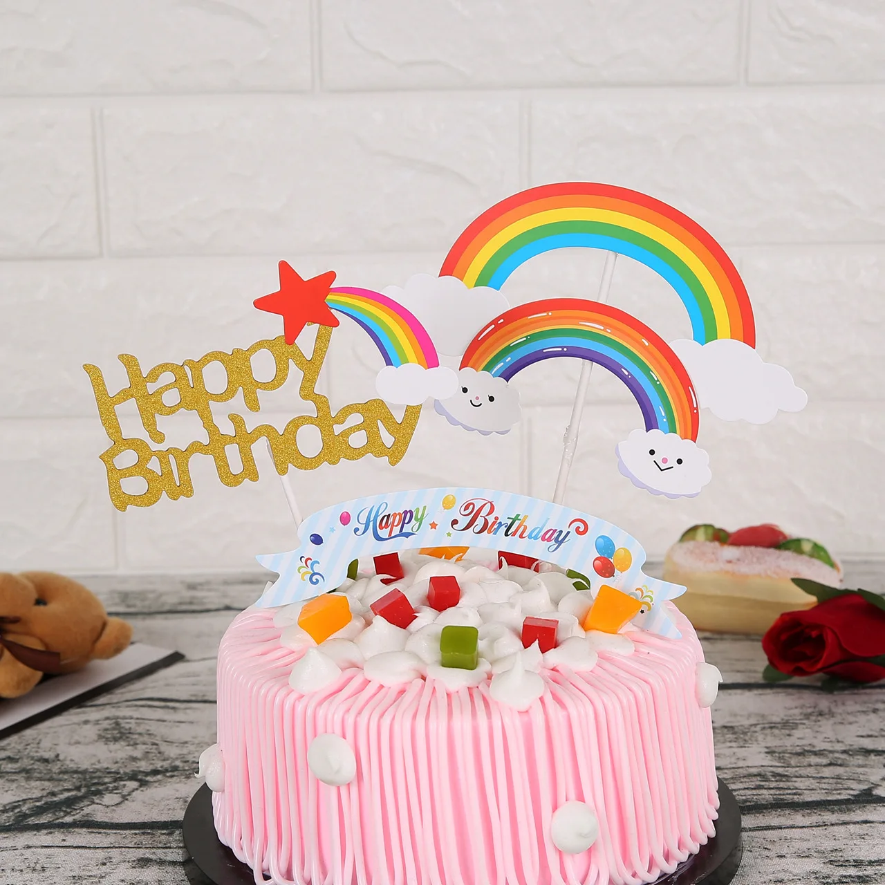New Customize Birthday Party Creative Cake Dress up Cartoon Colorful Card Rainbow Cake Decoration Topper