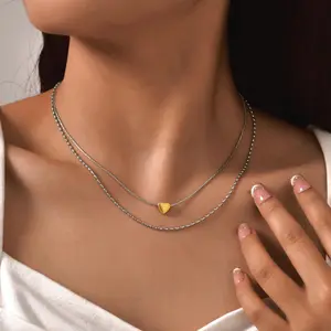 Minimalist Women Silver Double Layer Stainless Steel Necklace Gold Color Heart Pendant Necklace