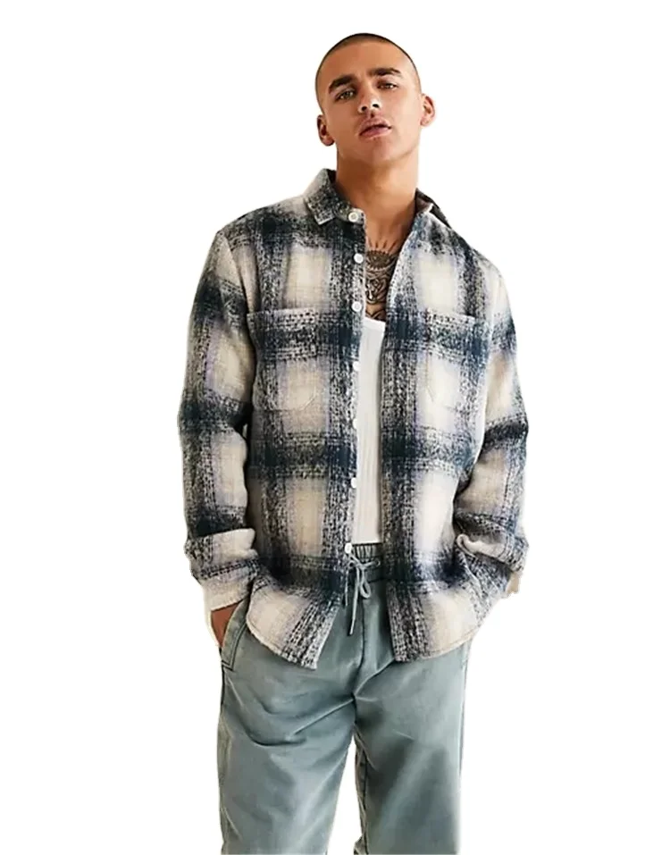 2022 New Arrival Men's Flannel Jacket Oversized Wool Mixed Blue Plaid Jacket Men's Casual Shirt Jacket