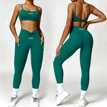 AA8528ZC Women's High Waist Seamless Yoga Leggings and Solid Sport Bra Removable Cup Workout Exercise Yoga Set Sportswear set