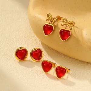 New Trendy Women Gift Heart Shaped Stainless Steel Jewelry Stud Earring Waterproof 18k Gold Plated Stud Earring