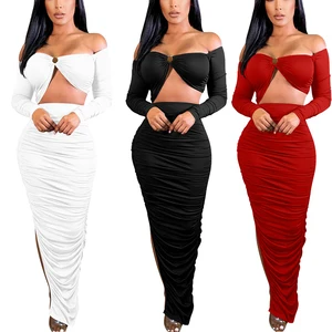 Fashion New Arrival off Shoulder Long Sleeve Hollow Out Ruched Slit Elegant Long Dress