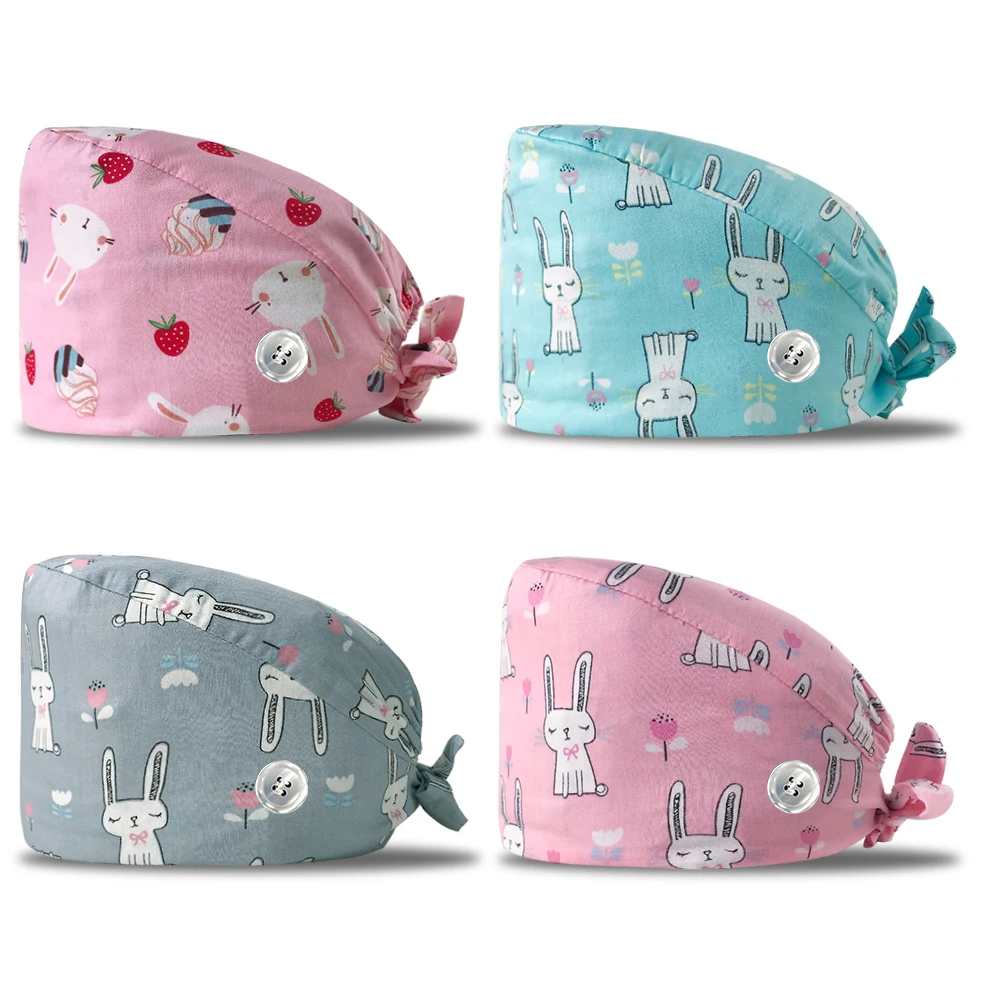 Custom Printed Pattern Nurse Cap Adjustable Women Scrub Pure Cotton Comfortable  Cartoon Printed Surgical Scrub Cap