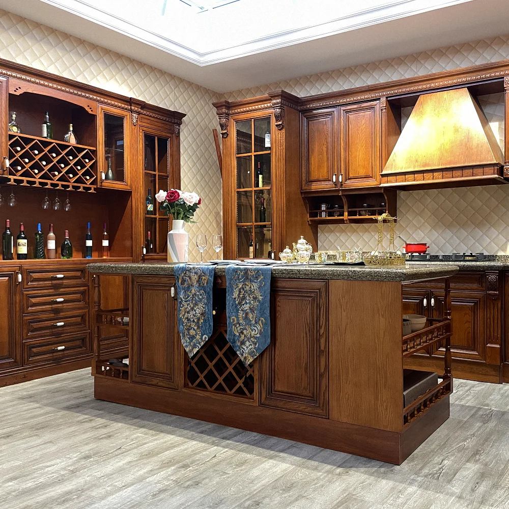 George Red Cherry Pure Solid Wood Kitchen Cabinet With Granite Bar ...